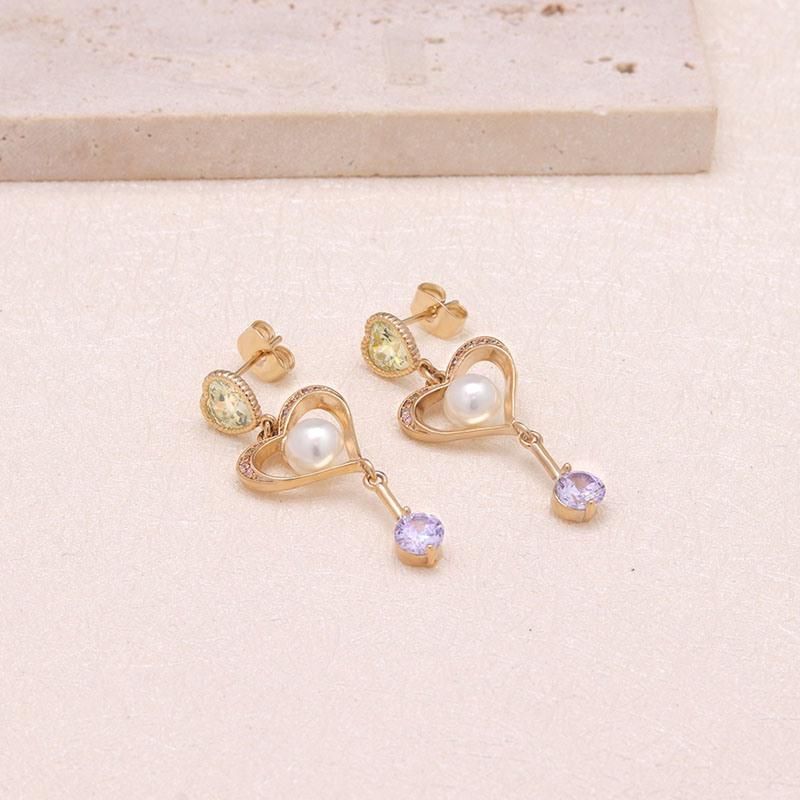 Trendy Women′s Pearl Colorful Zircon Heart Dangle Gold Earrings