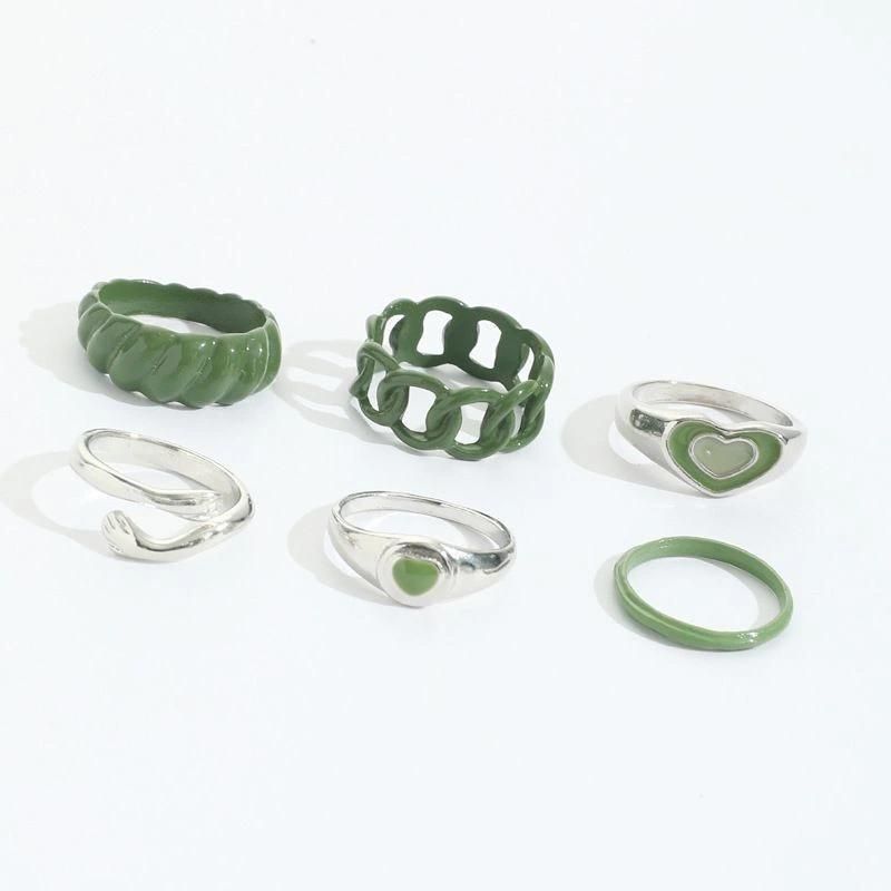 Ins Hot Sell Fashion Jewelry Chunky Dome Heart Shape Smooth Link Shape Stacking Statement Rings for Fashion Women Green and Rhodium Color Band Ring
