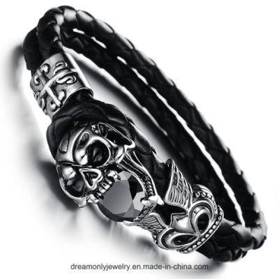 Double Black PU Leather Skull Bracelet Black Stone in Mouth