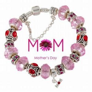 Pink Glass Beads I Love Mom Charm Beaded Bracelet