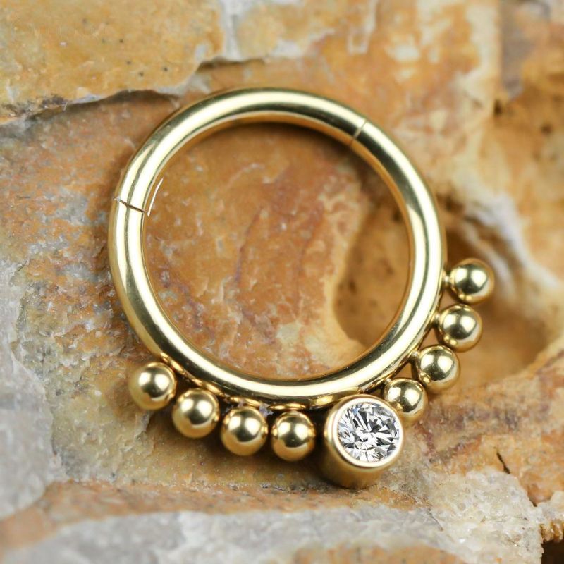 Eternal Metal Gold PVD Titanium Balls Hinged Clicker Nose Rings with Stone Piercing Jewelry