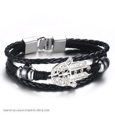 Black Leather Rope Hamsa Hand Fashion Bracelet Jewelry Promotion Gift