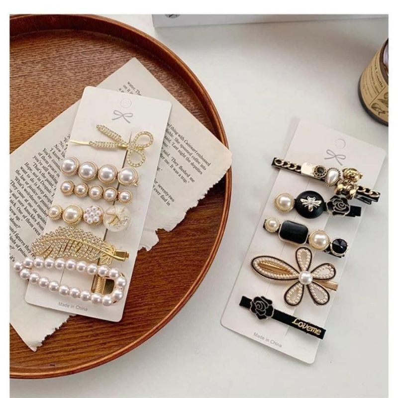 Net Red Hot Style Scissors Pearl Feather Six-Piece Hair Clip, Bear Girl Side Clip, Word Clip Duckbill Clip Hair Accessory