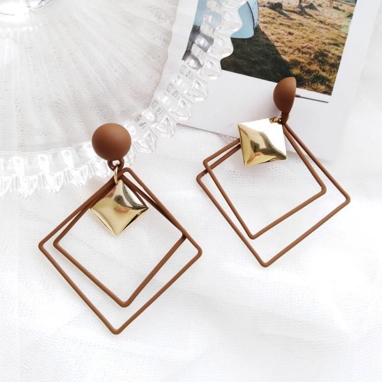 Fashion Jewelry for Women Temperament Double Layered Square Geometric Hollow with Metal Matte Earrings