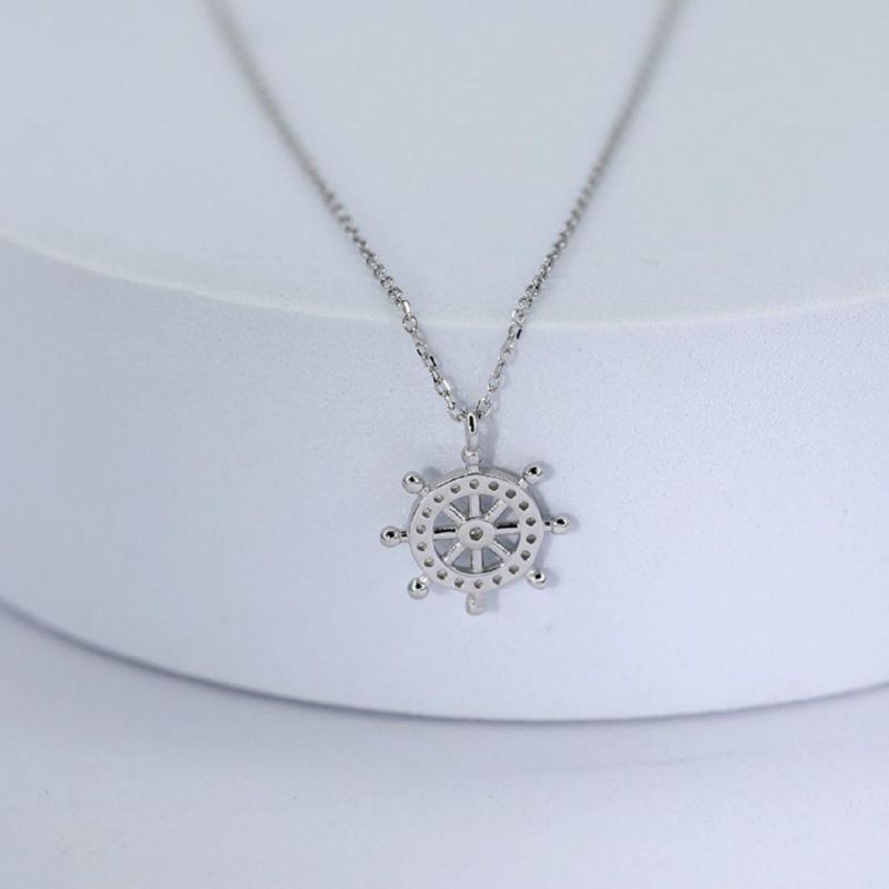 925 Sterling Silver 14K White Gold Plated Compass Crystal Pendant Necklace Women Vintage Palace Style Jewelry