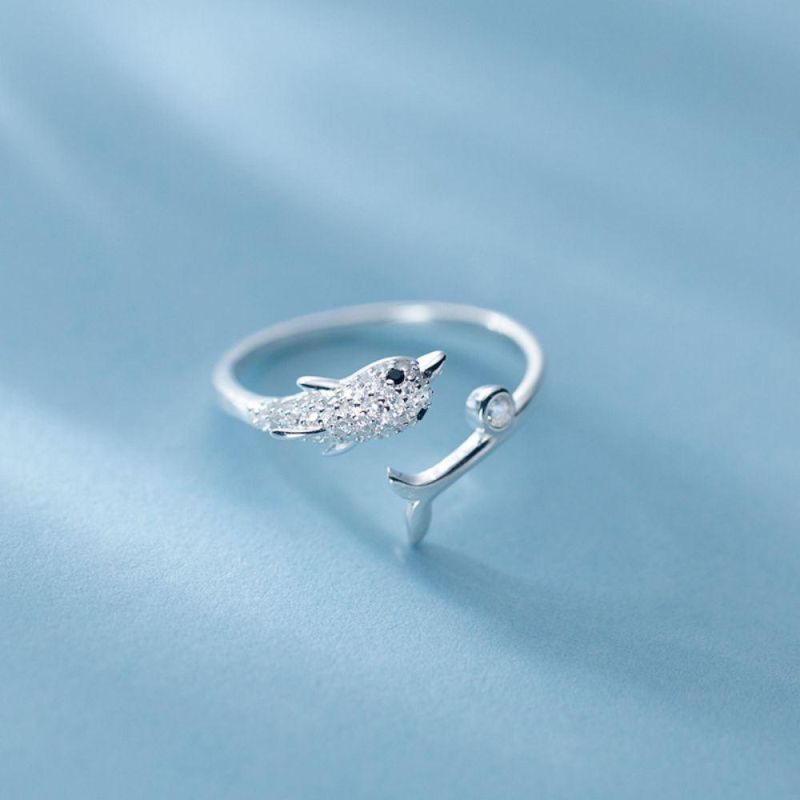 925 Sterling Silver Ring Cute Animal Dophin with Zircon Adjustable Ring for Women Engagement Fine Jewelry