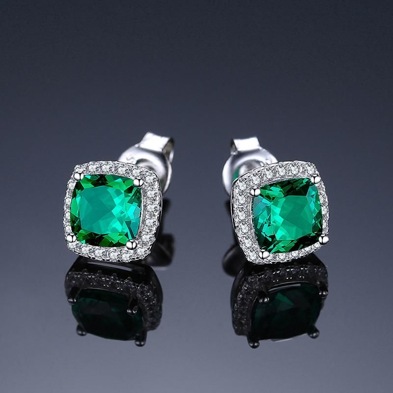 Created Emerald Halo Stud Earrings Solid 925 Sterling Silver Earring Fine Jewelry