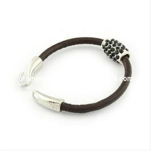 Crystal Rhinestone with Barrel Open Black Hide Rope Bracelets (PB-008)