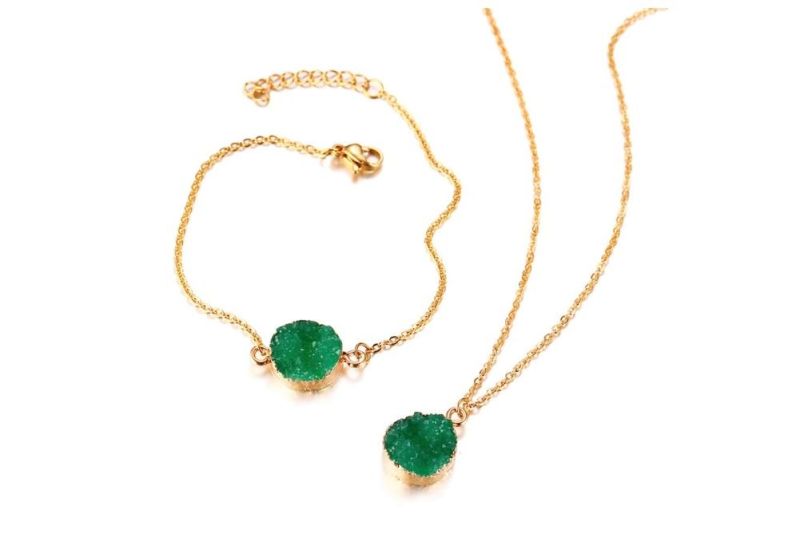 Stainless Steel Natural Green Stone Jewelry Set with Necklace Bracelet
