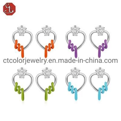 Fashion Jewelry 925 Sterling Silver CZ Color Enamel Heart Shaped Earring for Women