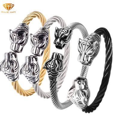 European and American Vintage Stainless Steel Cast Leopard Head Bracelet Men&prime;s Stainless Steel Wire Rope Leopard Head Bracelet Ssbg2722