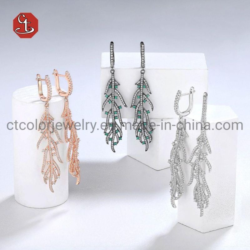 Trendy 925 Sterling Silver CZ Pave Long Feather Dangle Earring Jewelry