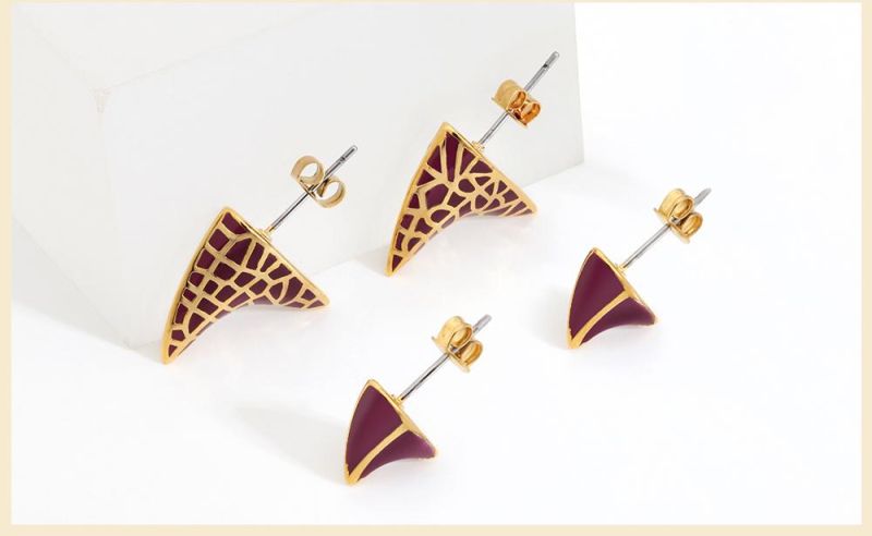 Shark Tooth Shape Copper Ear Stud with Red Wine Enamel