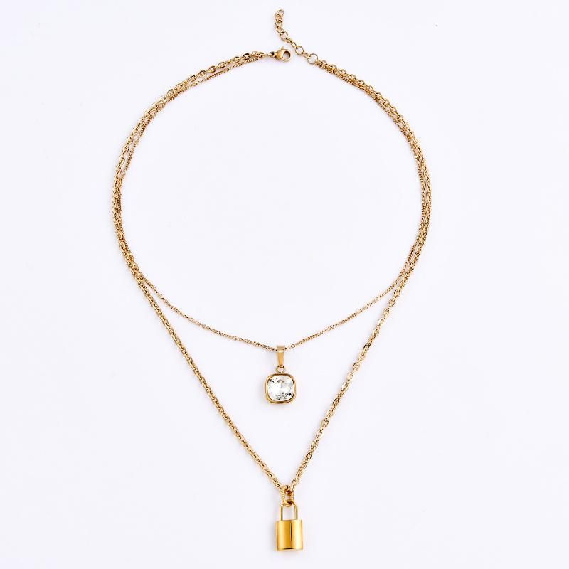 Love Lock Pendant Jewelry Gold Plated Metal Fashion Layering Necklace Crystal Pendant Jewelry