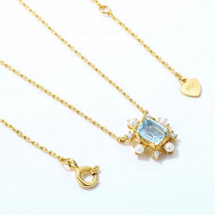 Wholesale 925 Silver Sky Blue Topaz Necklace Jewelry Trend Gold Plating Necklace with Zircon Pendant