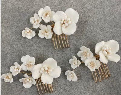 Gold Elegant Hair Comb. Wedding Bridal Ceramic Flower Hair Vines Hair Clip Headpiece Hair Comb