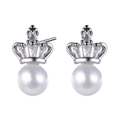 925 Silver CZ Small Crown Earring with Pearl