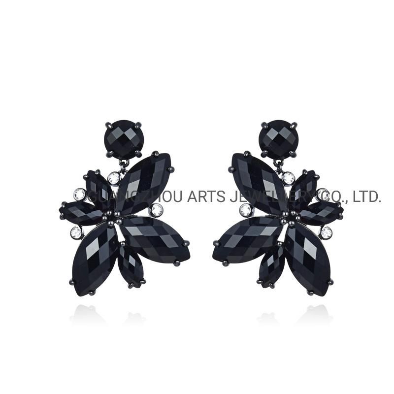 New Developed 925 Silver Black Ms Flower & Leave Dangle Earrings