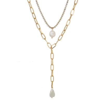 Manufacture Simple 2 Rows Crystal Cupchain Choker Necklace Teardrop Shape Baroque Pearl Pendant Oval Link Chain Necklaces for Women