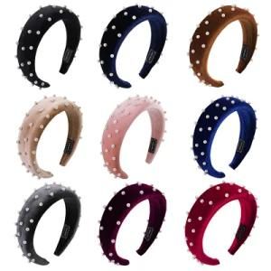 New Creative Fashionable Thicken Sponge Velvet Pearl Wide Hair Band Customized Pearl Headband Girls