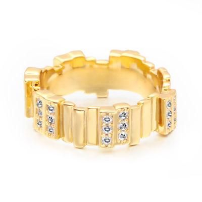 Simple Lattice Pattern Ring for Women Gold Color Charm Ring with Crystal Fashion Jewelry Chic Anniversary Gift