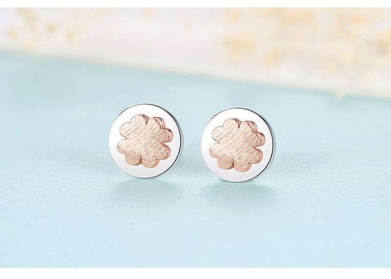 Cute Little Round Earrings Stud Mosaic Four-Leaf Clover Shell
