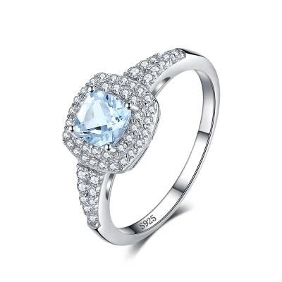 Synthetic Aquamarine Halo Engagement Ring 925 Sterling Silver Jewelry for Wedding