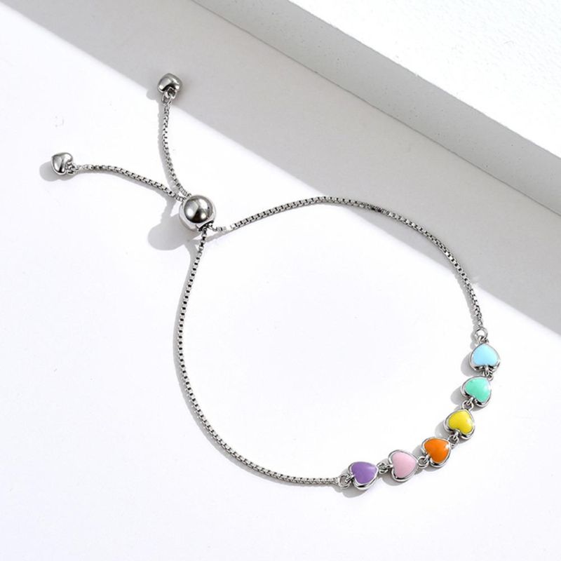 925 Sterling Silver Rainbow Heart Bracelet Heart-Shaped Girls Bracelet