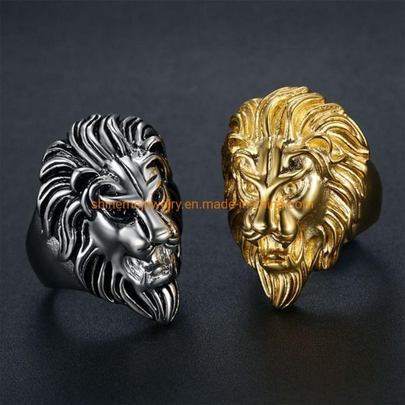 Hot Selling 316 Stainless Steel Hip Hop Lion Head Hand Polished Vacuum Gold Plated Men′ S Ring Sgmr2622