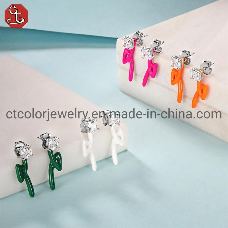 New Design Color Enamel Silver Earrings with Zircon Stone