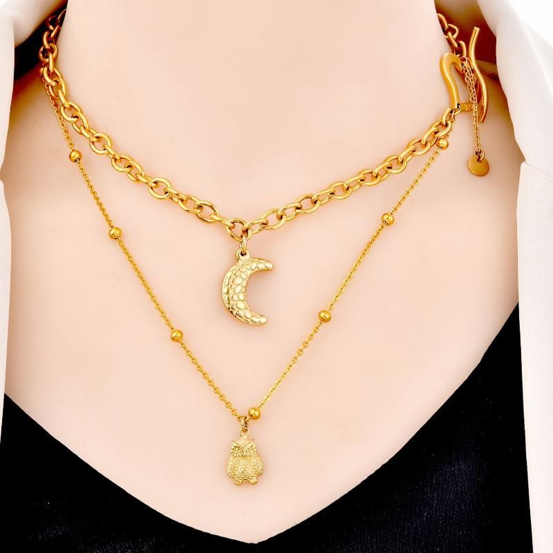 Gold Plated 47cm Beaded Chain and Curb Chain Layer Necklace with Pendant