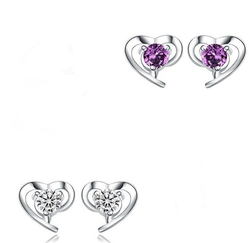 Fashion Jewelry Zircon Heart Stud Earrings 925 Sterling Silver Earrings