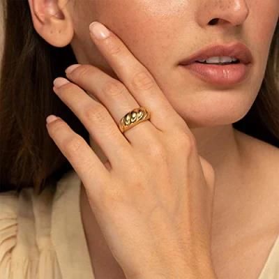 Fashion Gift Stainless Steeel 18K Gold Plated Jewelry Croissant Braided Twisted Signet Chunky Dome Ring for Lady