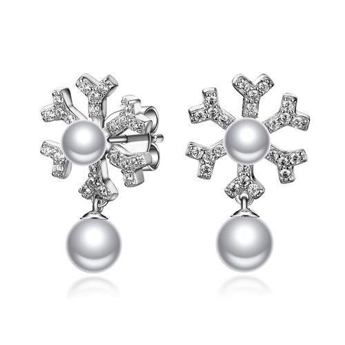 Classic Round CZ Sterling Silver Pearl Flower-Shaped Stud Earring