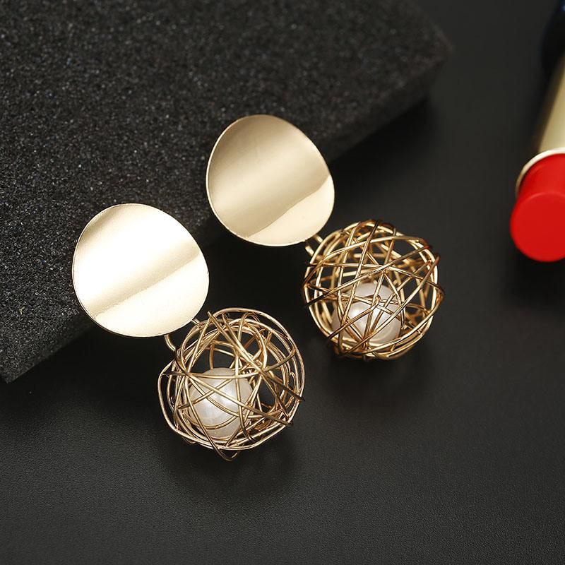 Women Golden Color Round Ball Geometric Earrings Fashion Jewelry Stud Earrings