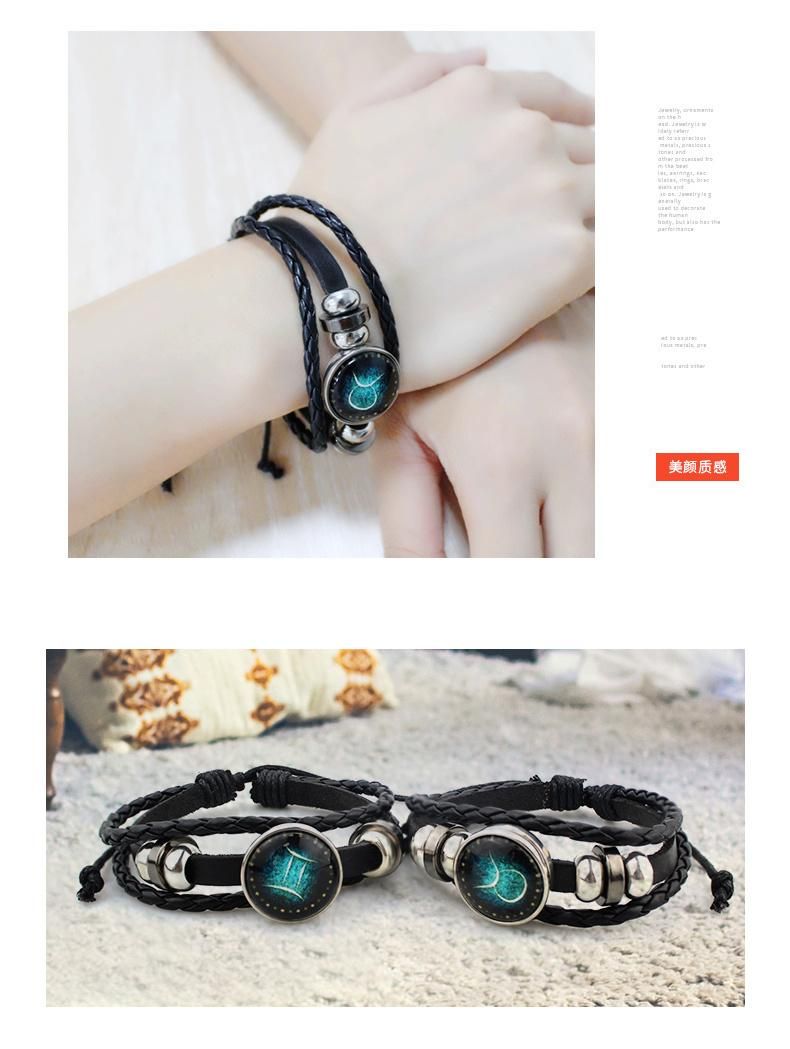 Amazon Hot Selling 12 Constellation Leather Woven Bracelet