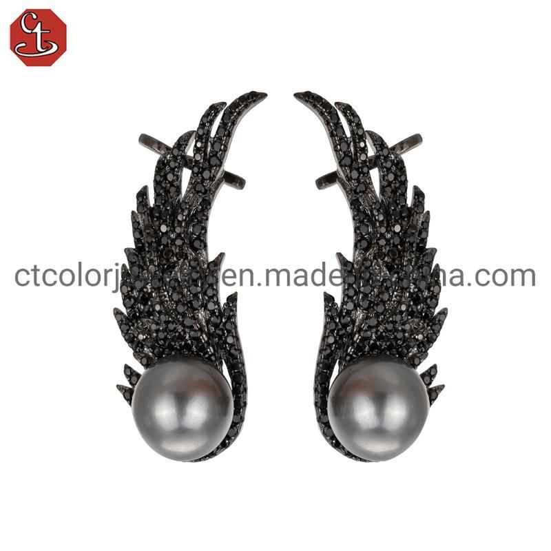 Fashion Black Pearl Wing Shape Design Earrings