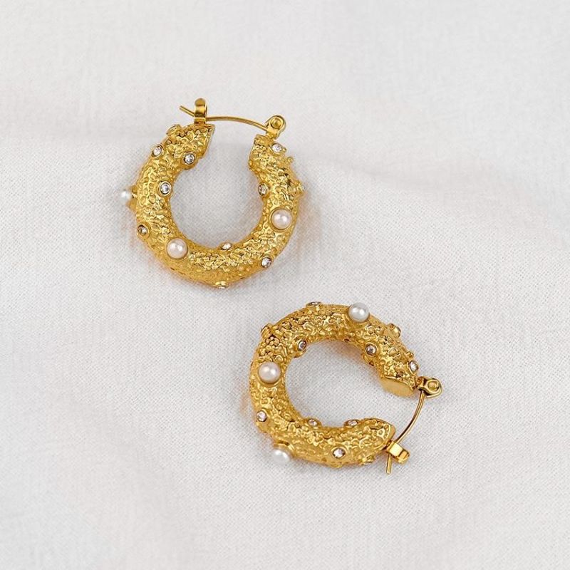 Exaggerated Circular Pearl Zircon Earrings 18K Gold Plated Jewelry Hoop Earrings
