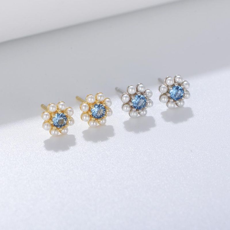 New Fashion Handmade 925 Sterling Silver Blue Zircon Pearl Sweet Flower Lovely Stud Earrings