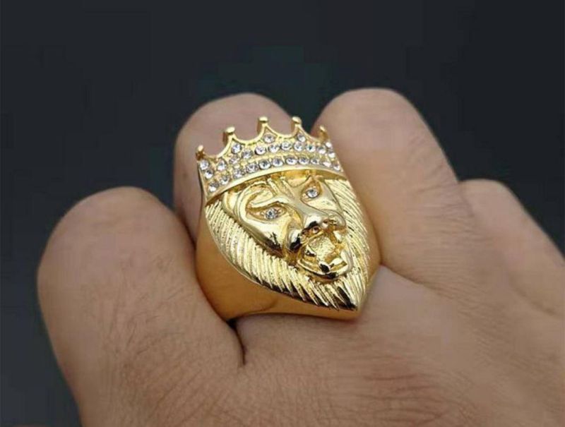 Explosion Hip-Hop Hip Hop Stainless Steel Gold-Plated Rhinestone Crown Lion Head Ring for Men Sgmr2623