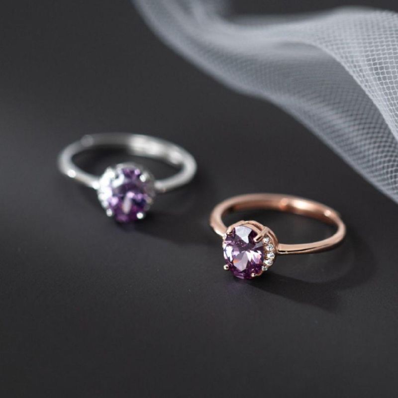 925 Sterling Silver Ring 7mm Purple AAA Zircon Adjustable Ring for Women Wedding Engagement Fine Jewelry