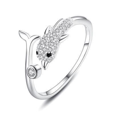 925 Sterling Silver Ring Cute Animal Dophin with Zircon Adjustable Ring for Women Engagement Fine Jewelry