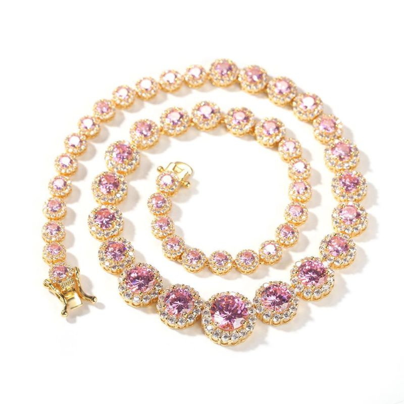 Hip Hop Round Pink Zircon One Row Tennis Chain Necklace