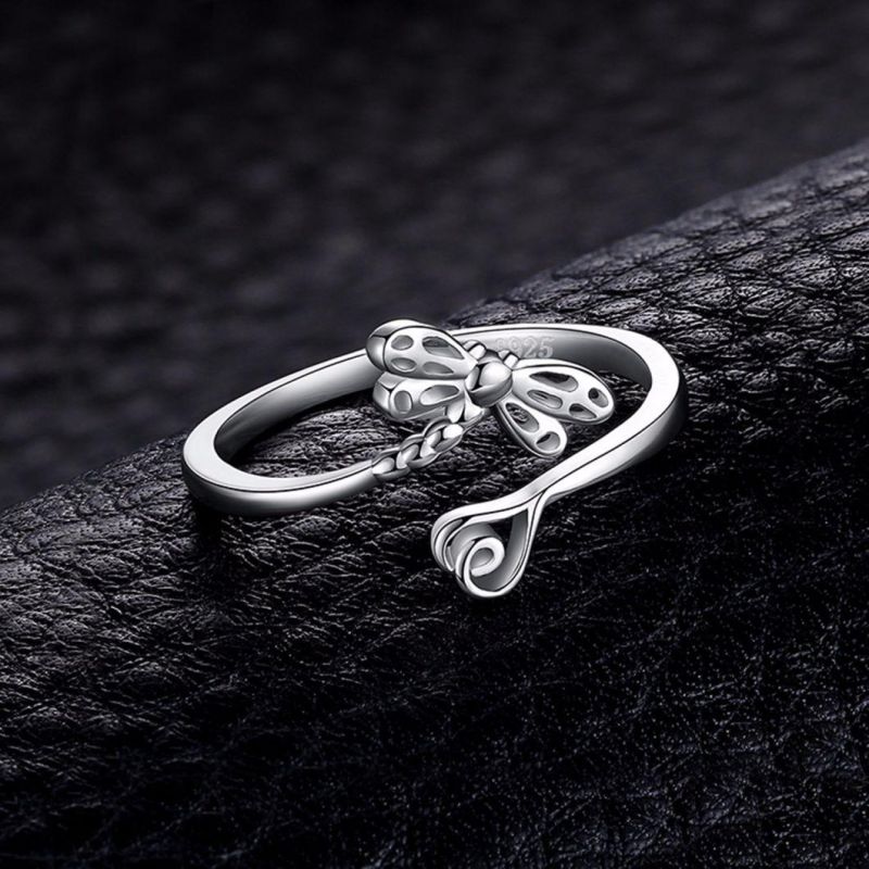 925 Sterling Silver Jewelry Dreamy Dragonfly Long Tail Love Shank Adjustable Open Ring Wholesale