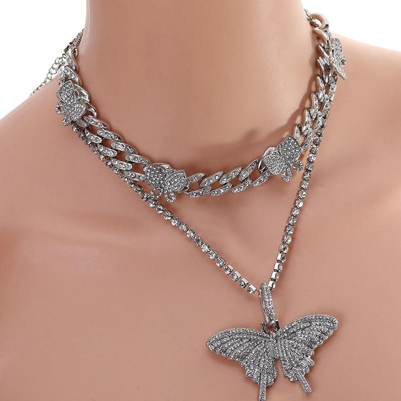 Big Butterfly Lock Pendant Multilayer Necklace Rhinestone Chain for Women