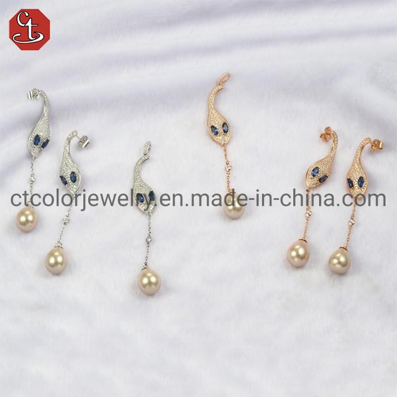 925 Sterling Silver or Brass Fine Jewelry Blue Crystal Pearl Earrings for Women