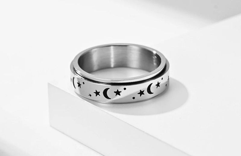 Fashion Ring Titanium Steel Rotatable Ring Stars Moon Spinner Ring for Men and Women Engagement Wedding Ring Decompression Stainless Steel Jewelry SSR2477