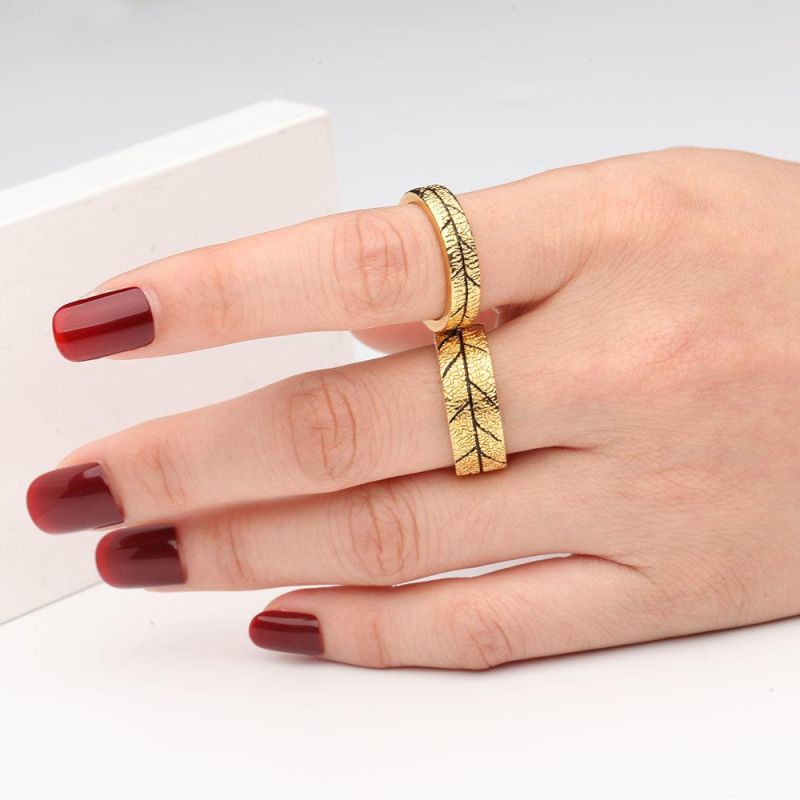 Width Ring Gold Color Leaf Texture Statement Rings for Women Fashion Jewelry Bague