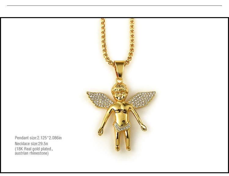 Men Women Gold Angel Wings Pendant Stainless Steel Gold Color Bling Rhinestone Angel Baby Pendant Necklace Hip Hop Jewelry