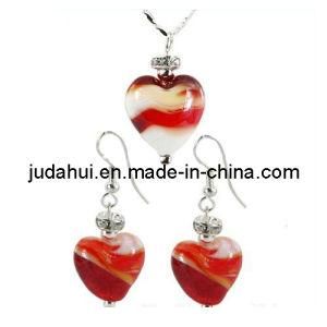 Red White Heart Shape Marble Bead Pendant Earring Jewelry Set (JDH-800024)